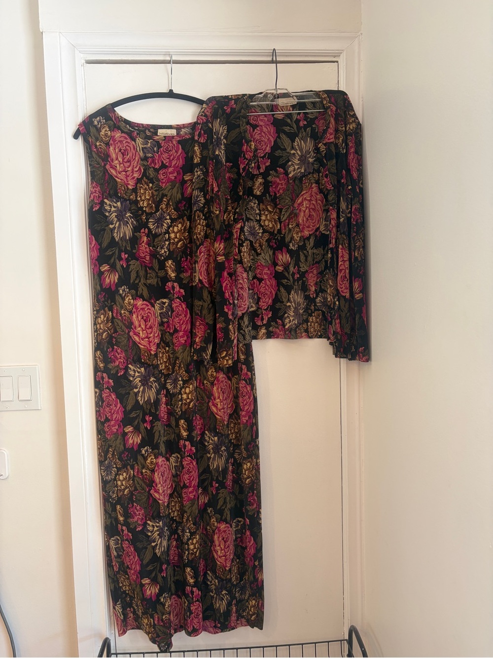 Vintage Black Midi Dress with matching cardigan with Pink & brown Floral Print